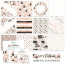 A collage of wedding and party paper design previews with blush pink, black, and white patterns, including balloons, florals, stripes, marble, polka dots, and invitation layouts. Text at the bottom reads 'Let's Celebrate' and 'Designs in 12 x 12 & 8 x 8 Paper Sets.
