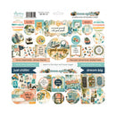 A packaged scrapbook ephemera sheet from Mayday Paper Company, featuring various round and rectangular stickers with retro-themed designs, quotes, and illustrations on a white backing card.
