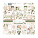 A sheet of wedding-themed chipboard ephemera stickers from Minky Patchie, featuring various decorative labels, frames, floral designs, and romantic phrases in soft pink, sage green, and cream tones.