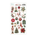A sheet of holiday-themed stickers from Monday's Crafts by Spring Joy, featuring Christmas ornaments, a nutcracker, wreath, holly, candy canes, a stocking, and festive decorations on a white backing card.