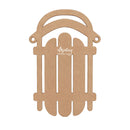 A single flat laser-cut wooden plaque or sign shaped like a picket fence gate, made from natural light brown plywood with a white 'Muntay Woodcraft' logo printed in the center, isolated on a white background.