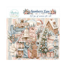 A packaged sheet of die-cut Christmas paper stickers from Montay Poplin's Snowberry Lane collection, featuring a vintage village scene with a Santa Claus, gingerbread man, Christmas tree, stockings, mailboxes, and signs.