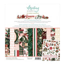 Mintay Papers 'Season of Joy' scrapbooking paper set, featuring 12 double-sided printed sheets with festive Christmas patterns including stripes, plaid, polka dots, and holiday illustrations, shown on a white background with product details and a bonus cover preview.