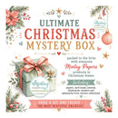 Promotional graphic for the 'Ultimate Christmas Mystery Box' by Mintay Papers, featuring festive watercolor illustrations of pine branches, poinsettias, ornaments, and a wrapped gift box with a pink ribbon. The text outlines the contents of the kit, including papers, card bases, star cutouts, chipboards, stickers, and ephemera.