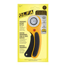 OLFA Ergonomic Rotary Cutter in its original yellow retail blister packaging, featuring a yellow and black handle and a silver blade.