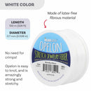 A spool of Bead Smith Opelon stretch jewelry fiber in white, shown on a white background with informational text and callouts about length, diameter, and latex-free material.