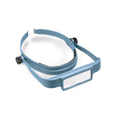 A light blue magnifying headlamp with a clear viewing lens and black adjustment knobs, shown on a plain white background.
