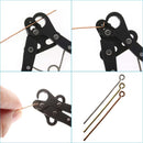 A four-panel product demonstration showing a black metal wire looping tool being used to bend copper and silver wire, alongside three long wire loops in different metal finishes on a white background.