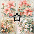 A four-panel floral collage with the text 'Paper Favourites' in the center. The designs show pink poinsettias, white blossoms, green leaves, and small red berries on a soft pastel background.