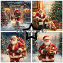 A four-panel collage of Christmas-themed illustrations featuring Santa Claus in snowy scenes, with wrapped gifts, a decorated tree, and a central black star containing the text 'Paper Favourites'.