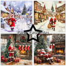 A four-panel collage of Christmas village and home scenes with Santa Claus, decorated trees, stockings, gifts, and a fireplace. A large black star outline in the center contains the text 'Paper Favourites' over a dark background.