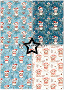 Four Christmas-themed paper pattern swatches arranged in a 2x2 grid, featuring snowmen in Santa hats on blue and cream backgrounds with floral and winter details. A black star outline in the center contains the text 'Paper Favourites'.