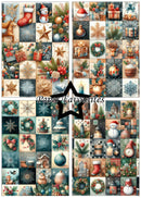 A collage of four Christmas-themed patchwork quilt designs with a central black star containing the text 'Paper Favourites'. The quilts feature festive patterns including snowflakes, ornaments, stockings, wreaths, snowmen, and holiday gifts in muted teal, beige, red, green, and brown tones.
