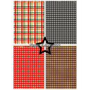 Four gingham and plaid patterned paper sheets arranged in a 2x2 grid, with a black star overlay and the text 'Paper Favourites' across the center. The patterns include red and green plaid, black and white gingham, red and white gingham, and brown and beige gingham.