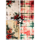 Four Christmas-themed digital paper designs arranged in a 2x2 grid with a black star overlay and the text 'Paper Favourites' across the center. The designs include red berries with pine branches on a distressed cream background, red and green plaid patterns, red poinsettias with pine branches on a distressed beige background, and coral-pink watercolor washes over a white grid.