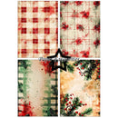 Four Christmas-themed paper pattern designs arranged in a 2x2 grid, featuring red and cream gingham, red floral splatter, green and cream plaid, and green pine branches with red berries on a watercolor-textured beige background. A black star icon and the text 'Paper Favourites' are overlaid in the center.