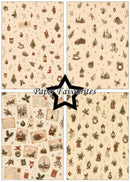 Four Christmas-themed paper designs arranged in a 2x2 grid with a black star in the center and the text 'Paper Favourites' across the middle. The papers feature vintage holiday illustrations including ornaments, wreaths, lanterns, postcards, snowmen, and Santa Claus on warm cream backgrounds.