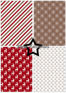 Four Christmas-themed paper pattern swatches arranged in a 2x2 grid: diagonal red and brown stripes, white snowflakes on brown, white reindeer on red, and small brown motifs on white. A black star outline in the center contains the text 'Paper Favourites'.
