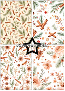 Four watercolor holiday seamless patterns arranged in a 2x2 grid, featuring cinnamon sticks, pine branches, berries, and flowers in warm autumn and winter tones. A black star outline in the center contains the text 'Paper Favourites'.