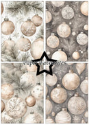 Four square holiday-themed wallpaper or paper designs arranged in a 2x2 grid, featuring beige and gray Christmas ornaments, pine branches, and snowflakes. A black star overlay in the center reads 'Paper Favourites'.