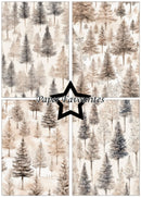 Four-panel watercolor forest pattern sheet with beige, gray, and brown trees on a light cream background, overlaid with a black outlined star and the text 'Paper Favourites'.