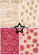 Four Christmas-themed paper designs shown in a 2x2 grid: festive typography on beige, gift boxes on cream, red damask pattern on beige, and red snowflakes on cream. A black star icon and the text 'Paper Favourites' appear over the center.