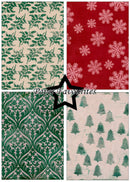 Four square swatches of patterned paper shown in a 2x2 grid, with a black star and the text 'Paper Favourites' across the center. The top-left swatch has green holly leaves on a warm beige background.
