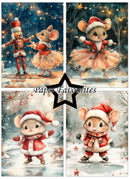 A four-panel Christmas illustration collage featuring a small mouse dressed in Santa-style clothing in snowy and festive scenes, with a central black star containing the text 'Paper Favourites'. The artwork is warm-toned and decorative, likely for a print, card, or craft paper product.