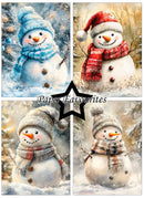 A four-panel collage of winter snowman illustrations, each wearing different colorful hats and scarves, with a central black star and the text 'Paper Favourites'.