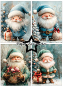 A four-panel collage of Santa Claus illustrations in winter scenes, with a black star outline and the text 'Paper Favourites' across the center. The Santa outfits vary between blue and teal tones, and each panel shows him with a gift, sack, or floral arrangement against snowy trees.