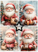 A four-panel collage of a whimsical Santa Claus illustration, showing him in red and pink clothing with white beard, holding gifts and a sack, with a central black star containing the text 'Paper Favourites'.