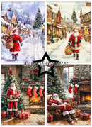 A four-panel Christmas illustration collage with Santa Claus in snowy village streets, in a snowy town square, in a cozy fireplace scene, and sitting by a tree with stockings and gifts. A black star outline in the center contains the text 'Paper Favourites'.