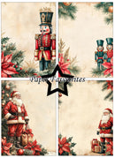 A collage of four vintage Christmas paper designs with a central black star and the text 'Paper Favourites.' The designs include nutcracker soldiers, Santa Claus, pine branches, holly, red poinsettias, and gift boxes on an aged cream background.