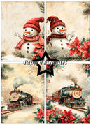 A four-panel Christmas-themed decorative print or card set featuring snowmen in red plaid hats and scarves, red poinsettias, evergreen branches, and steam trains on snowy tracks. A black star outline in the center contains the text 'Paper Favourites'.