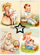 Four vintage-style illustrations of children with animals and Easter eggs, featuring the brand 'Paper Favourites'.