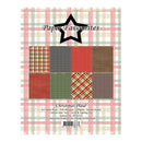 A paper pack cover labeled 'Paper Favourites' with a black star logo and the text 'Christmas Plaid.' The design shows a 3x3 grid of plaid and checkered holiday paper patterns in red, green, black, white, and brown, over a soft plaid background.