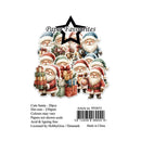 Packaging label for a set of 20 Christmas Santa die-cuts, featuring a die-cut illustration of multiple Santa Claus figures with gifts and a black star logo above, on a white background with product details and a barcode below.