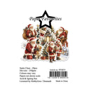 Product packaging card for a Christmas Santa Claus paper cut set by Paper Favourites, showing a vintage illustration of multiple Santa Claus figures around a decorated Christmas tree and lantern, with product details and a barcode below.