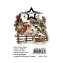 Product packaging card for HobbyGros 'Paper Favourites' Silent Winter die-cuts, featuring a winter village scene with birds, children, a cottage, and text detailing the 20-piece set on a white background.