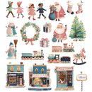A collection of Christmas-themed watercolor illustrations on a white background, including children in winter clothes, Santa Claus, stockings, a wreath, gifts, a snowman, a Christmas tree, toy trains, a rocking horse, and small holiday storefronts.