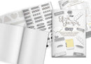 A grey-themed planner or journal set shown open and closed, with sticker sheets and printed inserts arranged around it on a white background. The cover reads 'Glink Journal Grey' and includes small decorative icons and text in gray, white, and light gray tones.