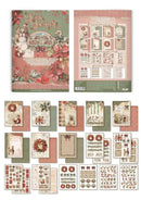 A collection of Christmas-themed scrapbooking papers and sticker sheets displayed in a grid layout. The designs feature vintage holiday motifs including wreaths, snow globes, ornaments, and festive text, primarily in muted tones of red, green, beige, and brown.