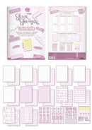 Lavanda Junk Journal planner sticker kit shown with its front cover, back insert page, and multiple sheets of planner stickers in pastel pink, lavender, and white.