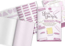 Lavanda Junk Journal planner sticker kit featuring lavender and pink themed stickers, a lined paper sheet, and a journaling pad on a white background.