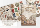 Collection of vintage-themed cardstock backgrounds, stickers, and decorative elements on a white background.
