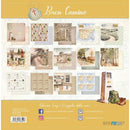 A collage of double-sided scrapbook paper designs from the 'Buen Camino' collection by Papers For You. The sheet showcases various travel-themed paper patterns including maps, postcards, scenic landscapes, and vintage travel scenes, with a yellow header and footer containing product details and social media links.