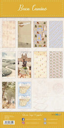 A sheet of scrapbooking paper with the title 'Buen Camino' at the top. The sheet contains multiple small sample cards and panels in warm beige, cream, and light blue tones, including landscape illustrations, postcard designs, maps, and patterned motifs.