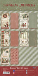 Christmas Memories scrapbook paper pack backing sheet showing multiple patterned paper designs in muted holiday tones including green, dusty pink, beige, and red, with festive illustrations and text at the bottom.