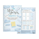 A baby blue Funk Journaling kit by Port & Company, showing the decorated front cover and the contents sheet with various stickers, double pages, and decorative elements.