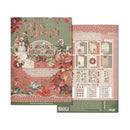 A Christmas-themed scrapbooking journal set shown with the front cover and a sheet of included embellishments. The cover features festive red poinsettias, a snowman, candy canes, and the title 'Jolly Journal' on a muted green and pink background.